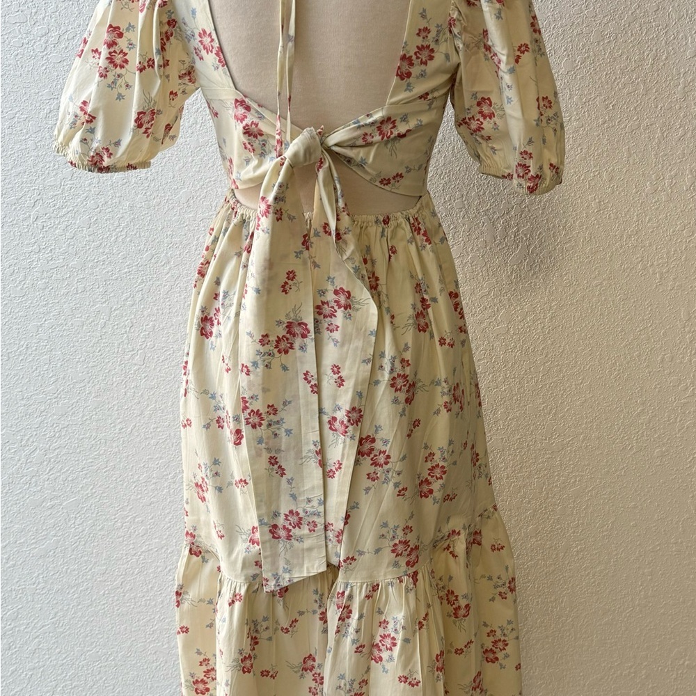 WAYF Whisper Cottage-Core‎ Square Neck Back Tie Ivory Floral Print Ivory Sz S - Picture 11 of 16